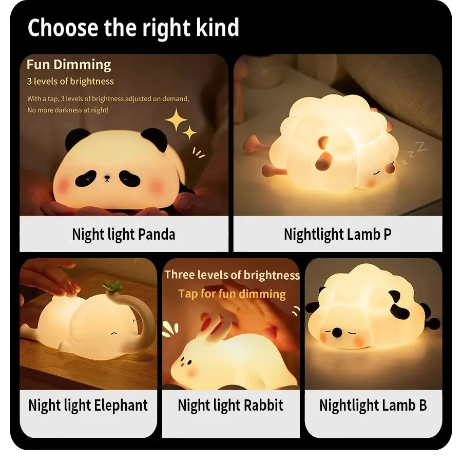Cute LED Night Light Touch Sensor Novelty Animals Kids Nightlights Silicone Child Christmas Gift Bedside Lamp Bedroom Decor