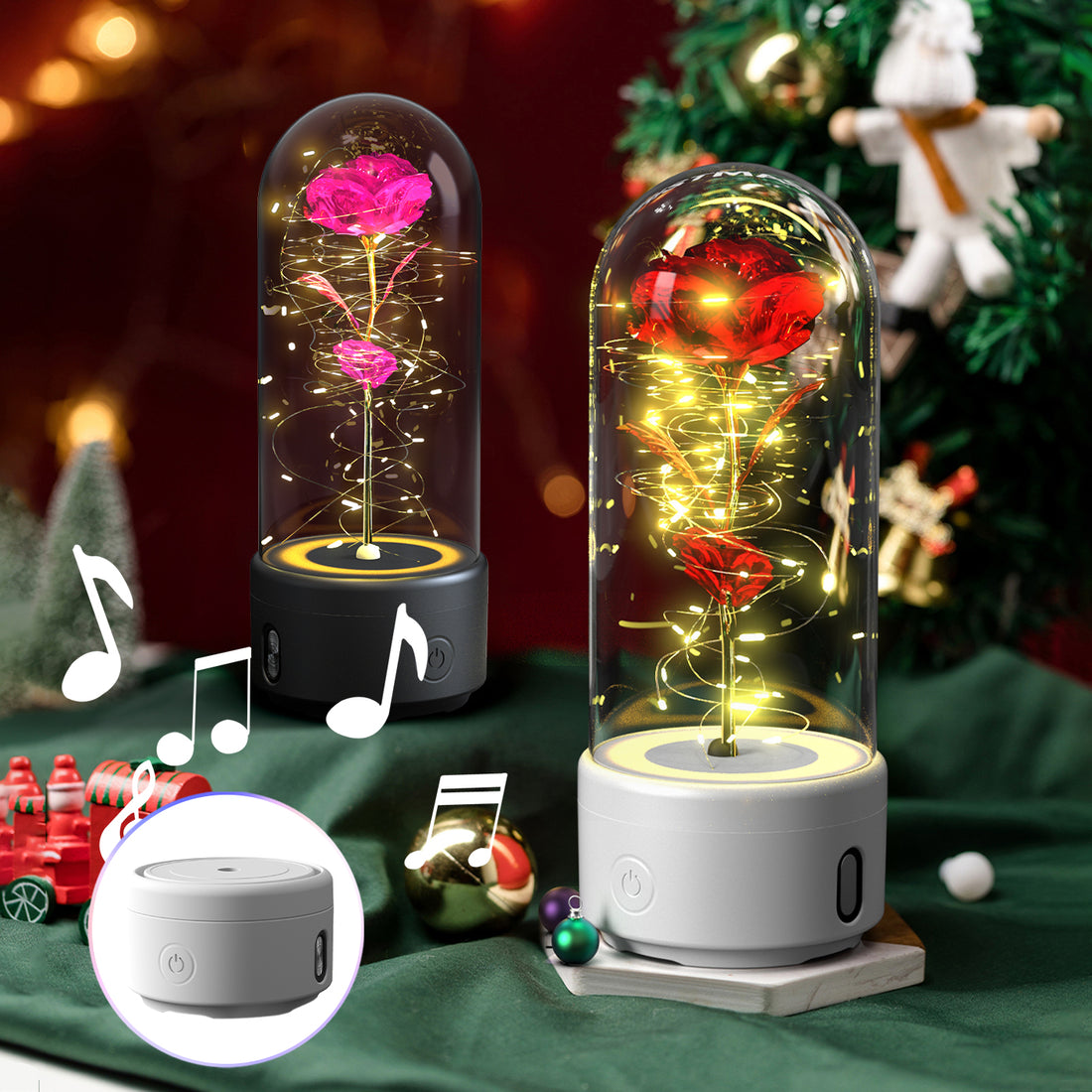 Mothers Day Gift 2 In 1 Rose Flowers LED Light And Bluetooth Speaker Gift Luminous Night Light Ornament In Glass Cover - Ozthentic