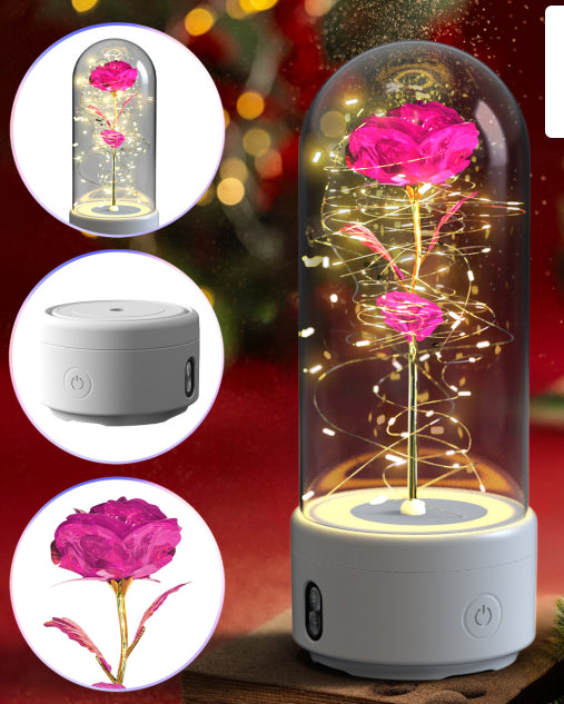 Mothers Day Gift 2 In 1 Rose Flowers LED Light And Bluetooth Speaker Gift Luminous Night Light Ornament In Glass Cover - Ozthentic