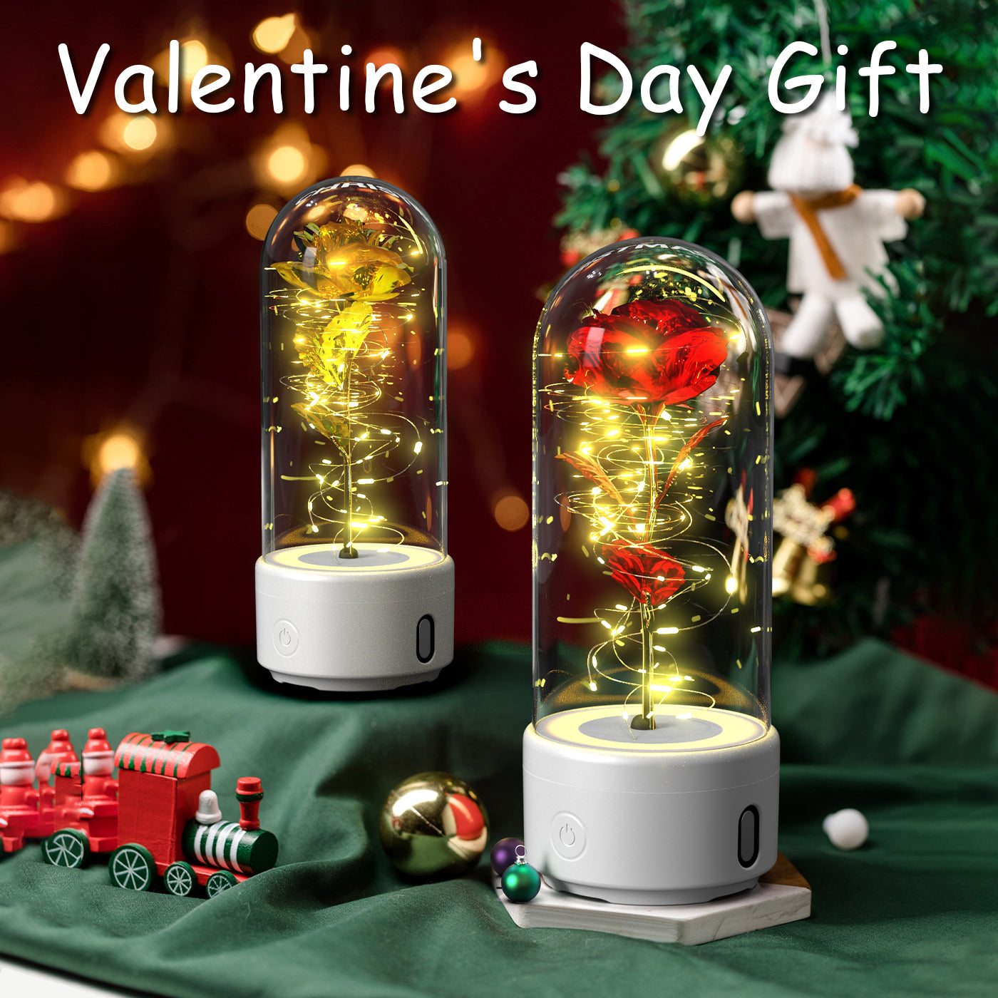 Mothers Day Gift 2 In 1 Rose Flowers LED Light And Bluetooth Speaker Gift Luminous Night Light Ornament In Glass Cover - Ozthentic