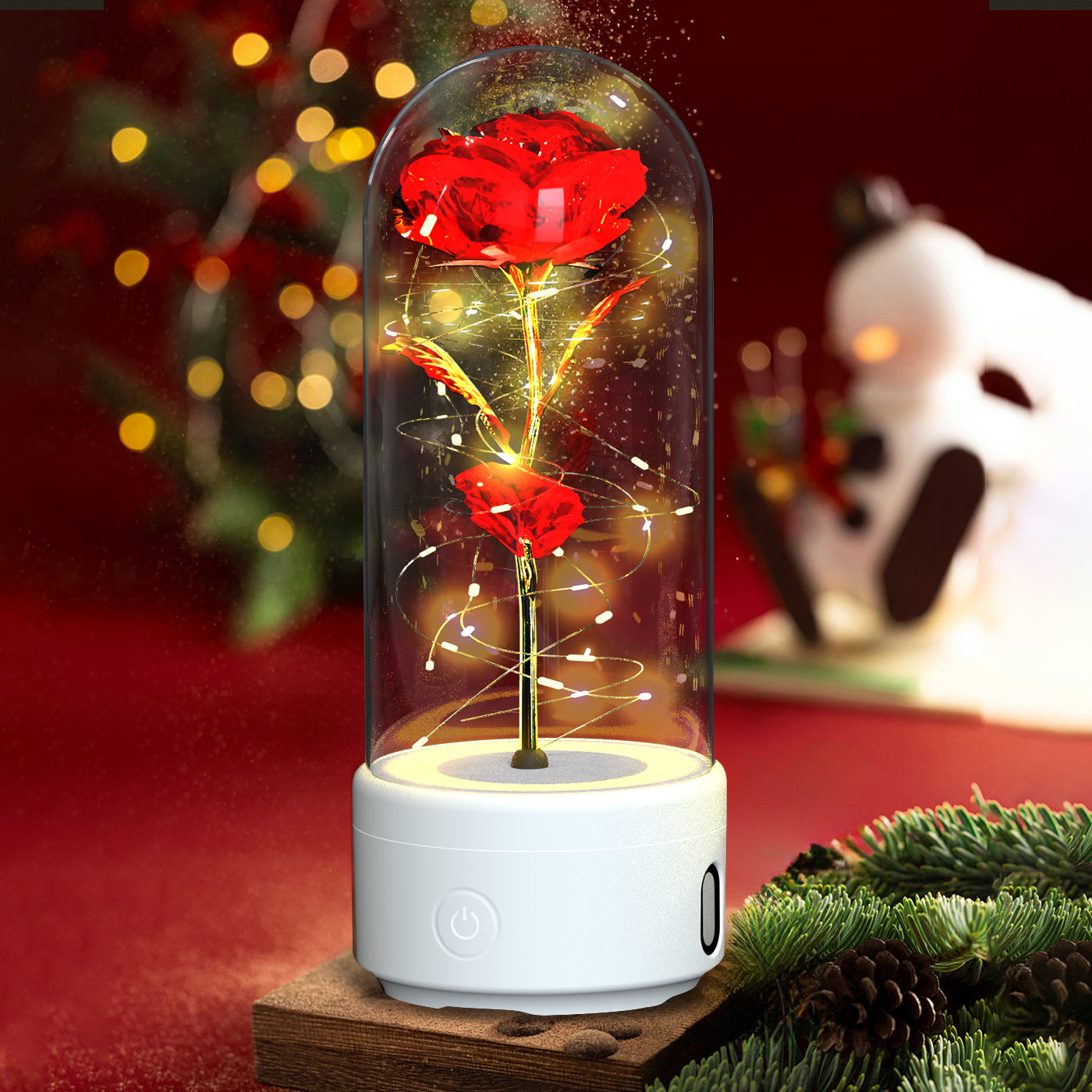 Mothers Day Gift 2 In 1 Rose Flowers LED Light And Bluetooth Speaker Gift Luminous Night Light Ornament In Glass Cover - Ozthentic