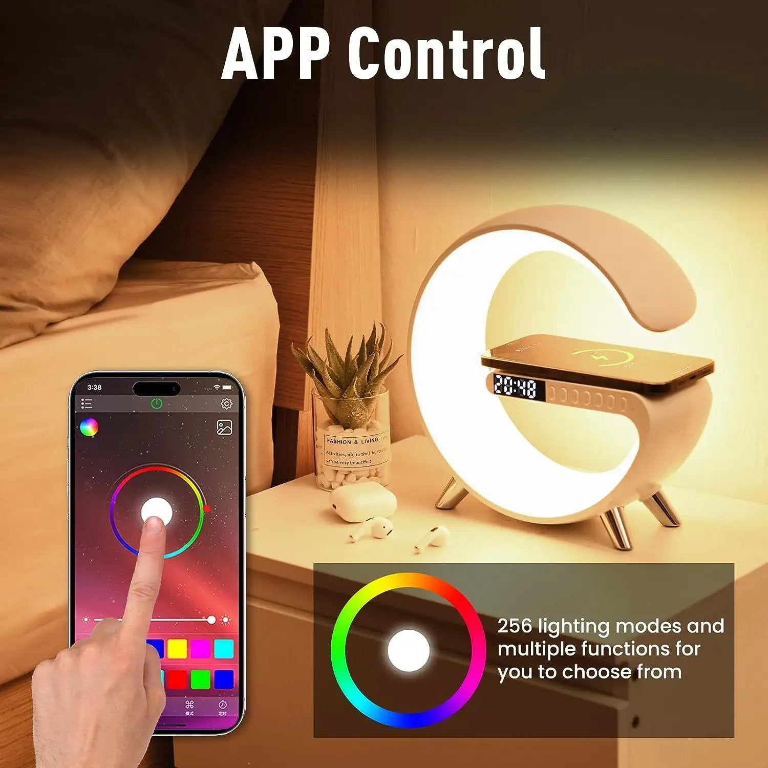 Intelligent G Shaped LED Lamp Bluetooth Speaker with Wireless Charger Atmosphere Lamp App Control For Bedroom Home Decor - Ozthentic