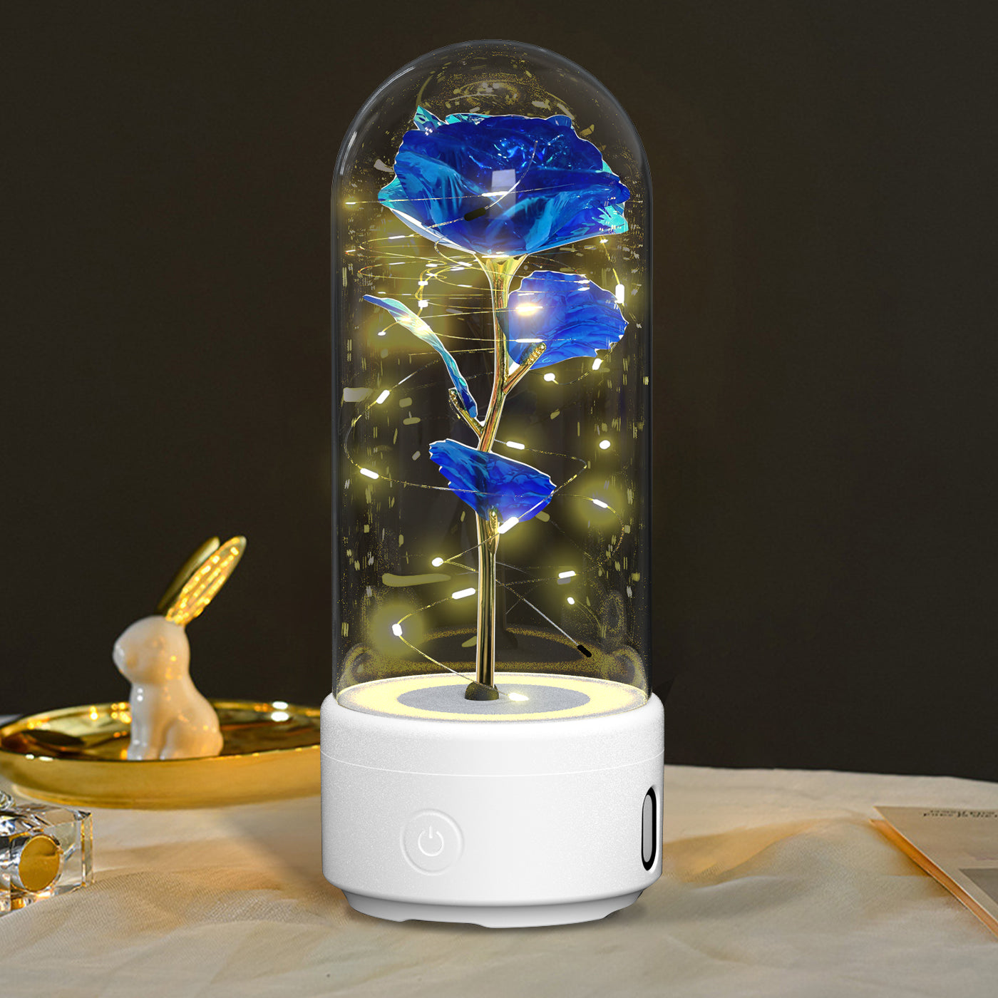 Mothers Day Gift 2 In 1 Rose Flowers LED Light And Bluetooth Speaker Gift Luminous Night Light Ornament In Glass Cover - Ozthentic