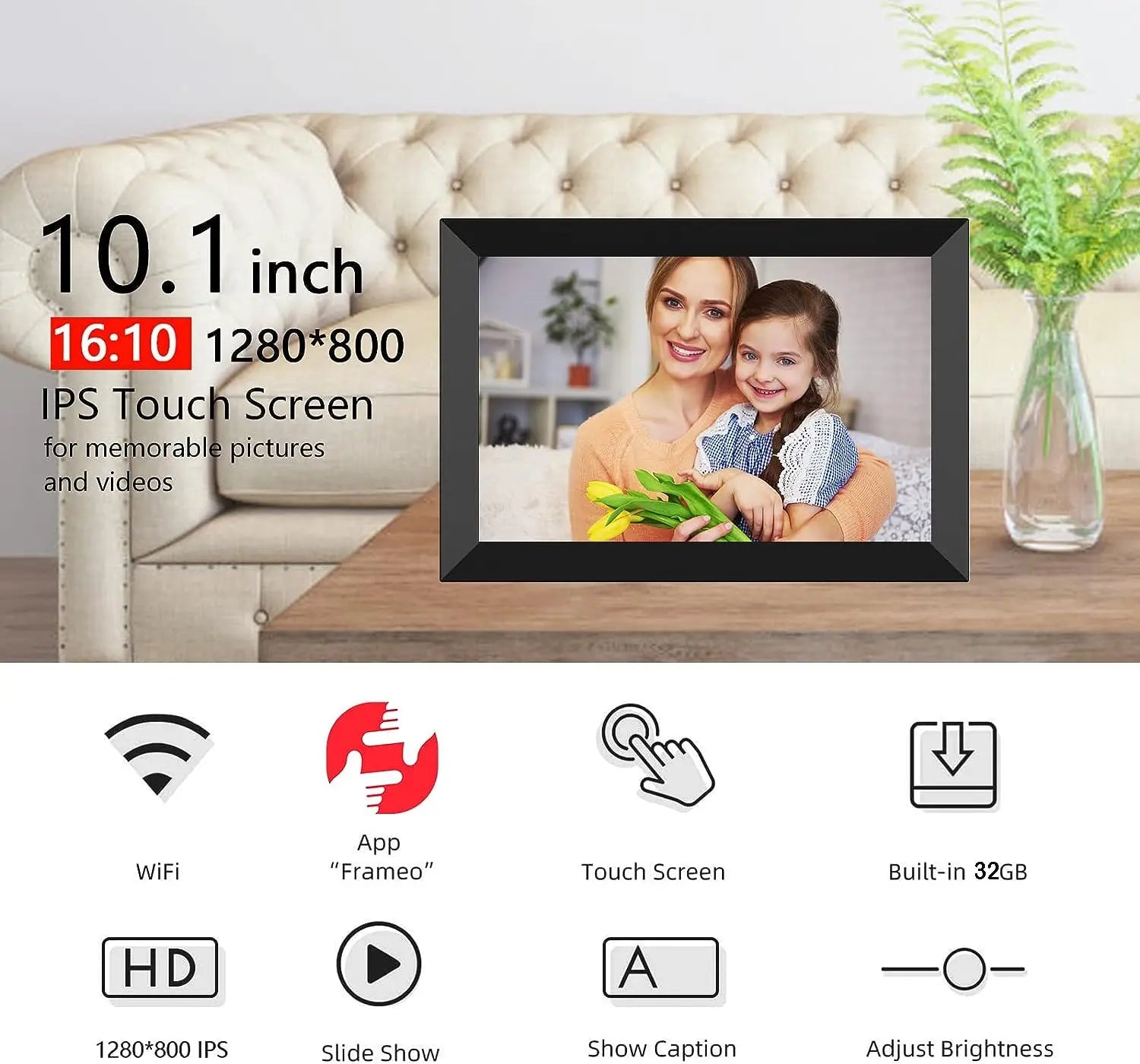 FRAMEO 10.1 Inch Smart WiFi Digital Photo Frame 1280x800 IPS LCD Touch Screen Built in 32GB Memory Gift - Ozthentic