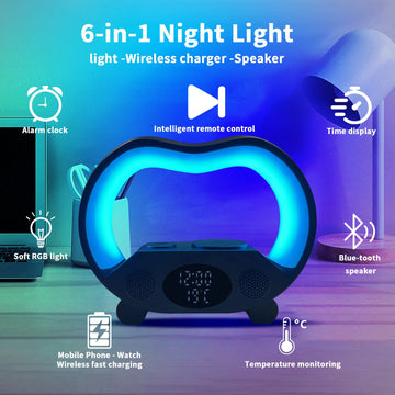 6 In 1 Smart Bluetooth Intelligent LED Night Light Table Lamp Remote Control Multi-function Wireless Charger Bluetooth Speaker