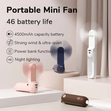 JISULIFE Portable Fan Mini Handheld Fan USB 4500mAh Recharge Hand Held Small Pocket Fan with Power Bank Flashlight Feature - Ozthentic