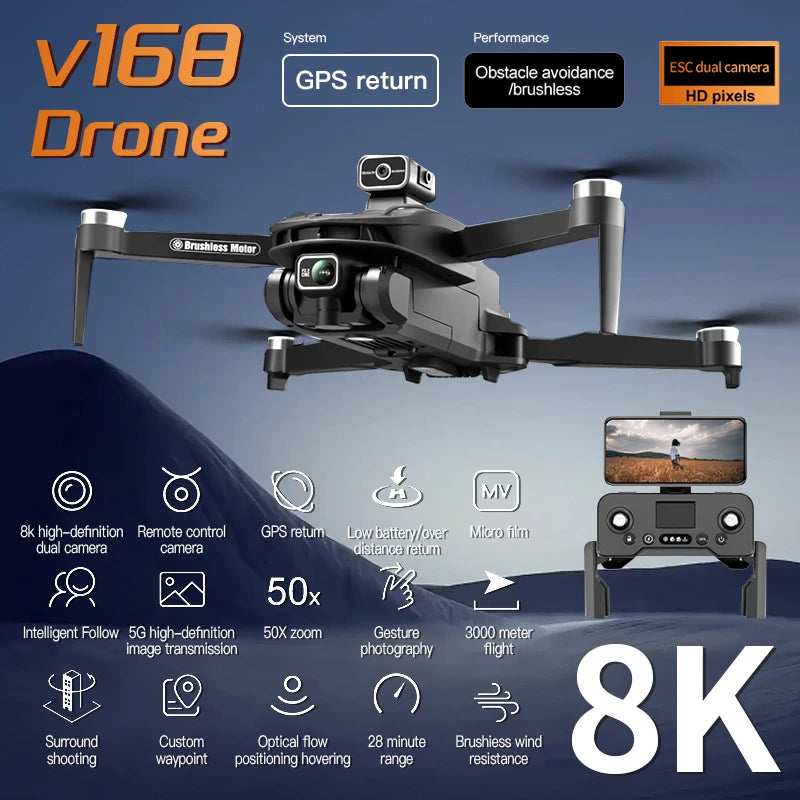 V168 PRO MAX Drone 8K 5G GPS Professional HD Aerial Photography Dual-Camera Omnidirectional Obstacle Avoidance Drone