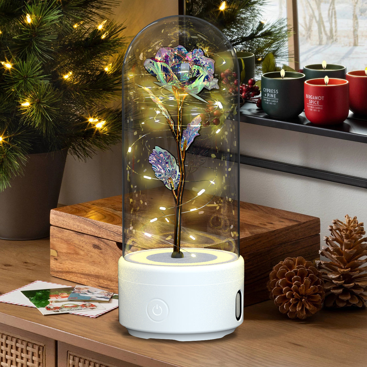 Mothers Day Gift 2 In 1 Rose Flowers LED Light And Bluetooth Speaker Gift Luminous Night Light Ornament In Glass Cover - Ozthentic