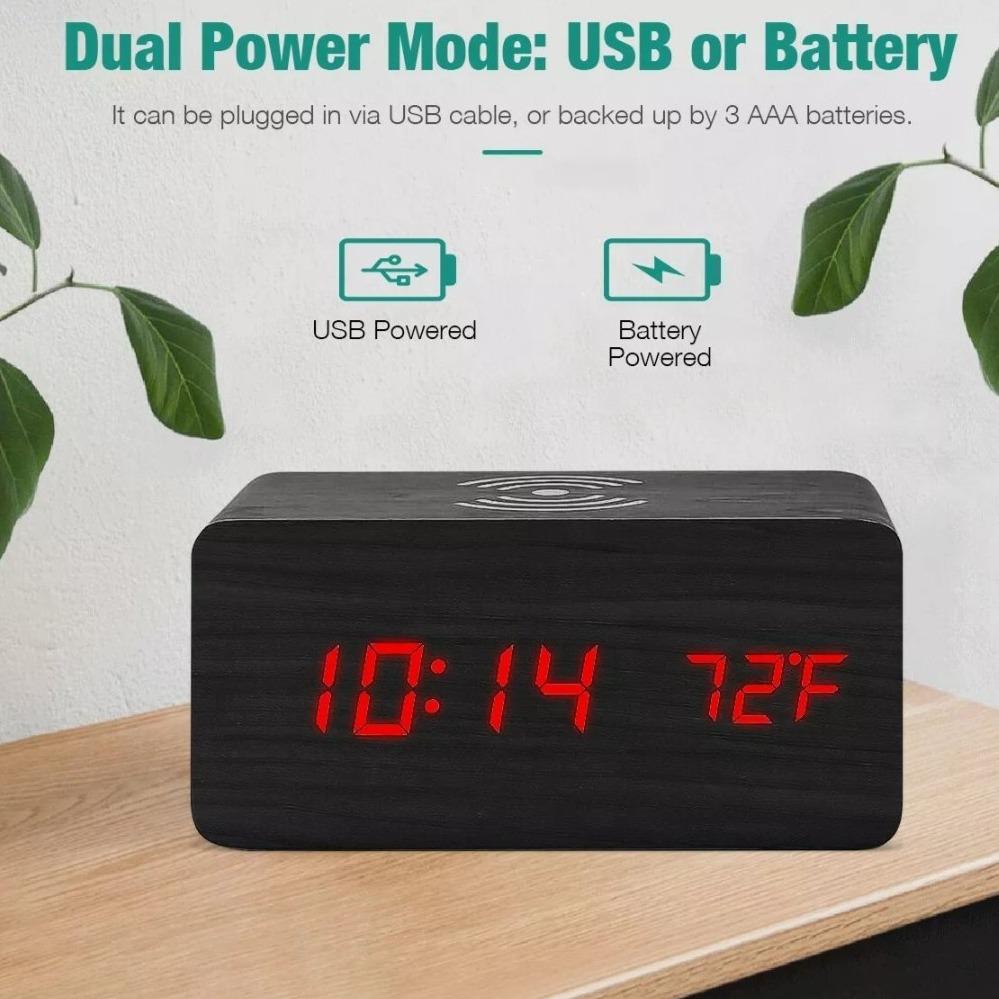 Wooden Digital Alarm Clock with Wireless Phone Charging Pad - Ozthentic