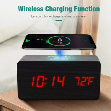 Wooden Digital Alarm Clock with Wireless Phone Charging Pad - Ozthentic