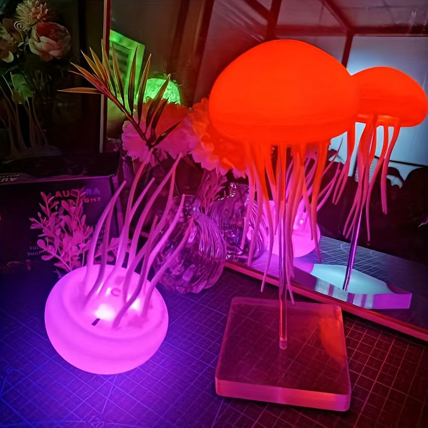 Modern Jellyfish Desk Lamps, USB Powered Adjustable Color Changing LED Night Light with Polished Plastic Base, Switch Control Seascapes Theme Lighting, Rechargeable Lithium Battery for Home Decor