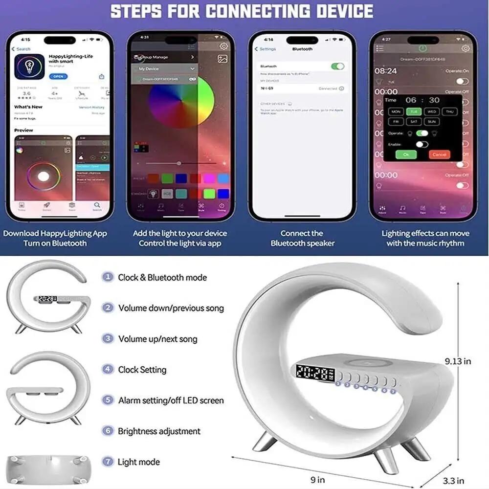 Intelligent G Shaped LED Lamp Bluetooth Speaker with Wireless Charger Atmosphere Lamp App Control For Bedroom Home Decor - Ozthentic